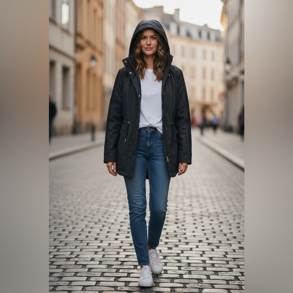 d.e.t.a.i.l.s INTL Black Hooded Rain Jacket Water Resistant Mesh Utility M